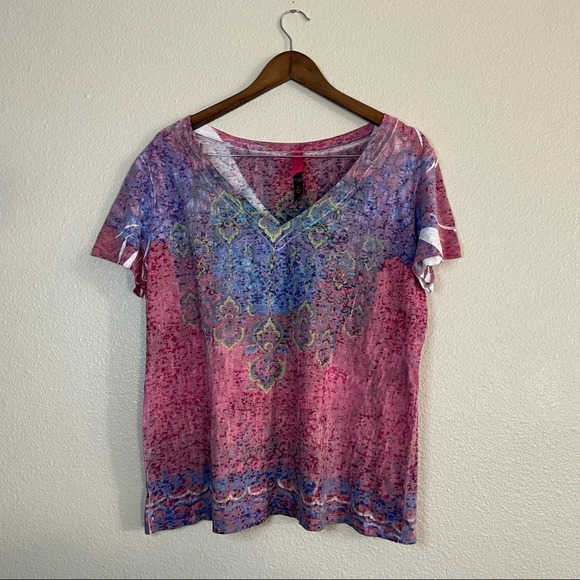 Distress Multicolor Top Variegated V-Neck Casual Plus Top Size 2 (18/20) - Picture 10 of 11